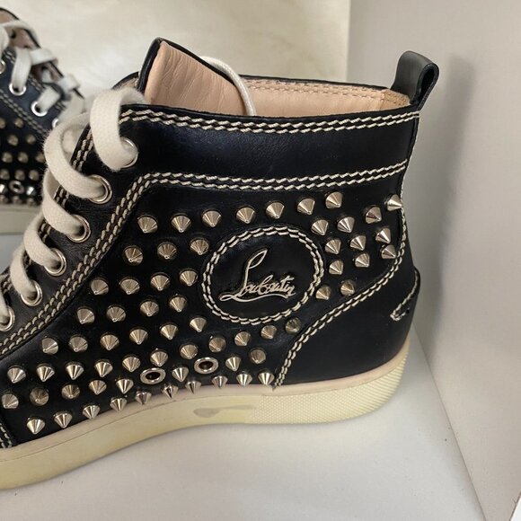 AUTH Christian Louboutin Black Louis Flat Calf Stud Spike Hi Top Sneakers 37.5 - Picture 9 of 12